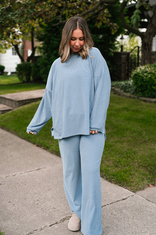 Skyler Oversized Striped Long Sleeve Top - Dusty Blue