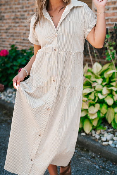 True To You Corduroy Button Up Tiered Midi Dress