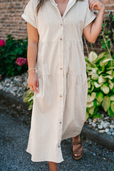 True To You Corduroy Button Up Tiered Midi Dress