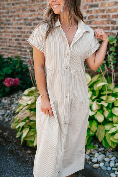 True To You Corduroy Button Up Tiered Midi Dress