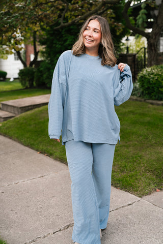 Skyler Oversized Striped Long Sleeve Top - Dusty Blue