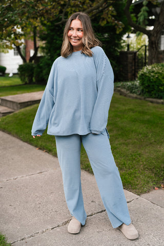 Skyler Oversized Striped Long Sleeve Top - Dusty Blue