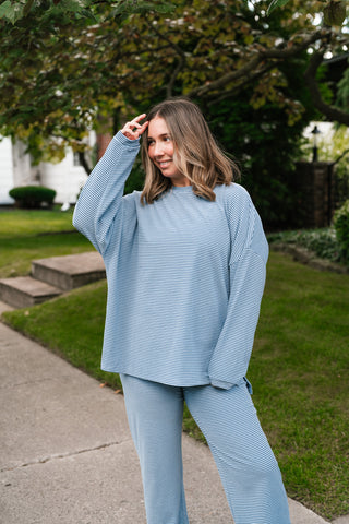 Skyler Oversized Striped Long Sleeve Top - Dusty Blue