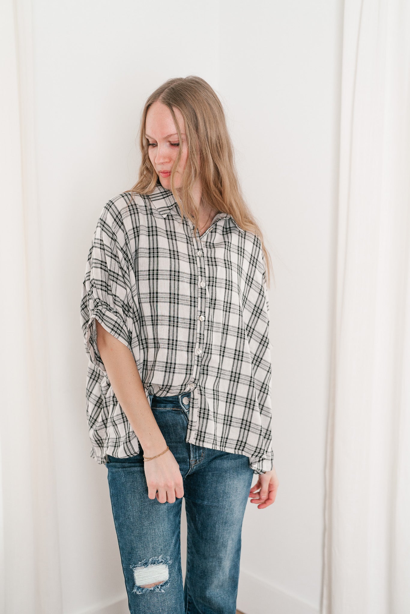 All Day Style Plaid Dolman Sleeve Top