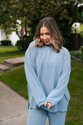 Skyler Oversized Striped Long Sleeve Top - Dusty Blue