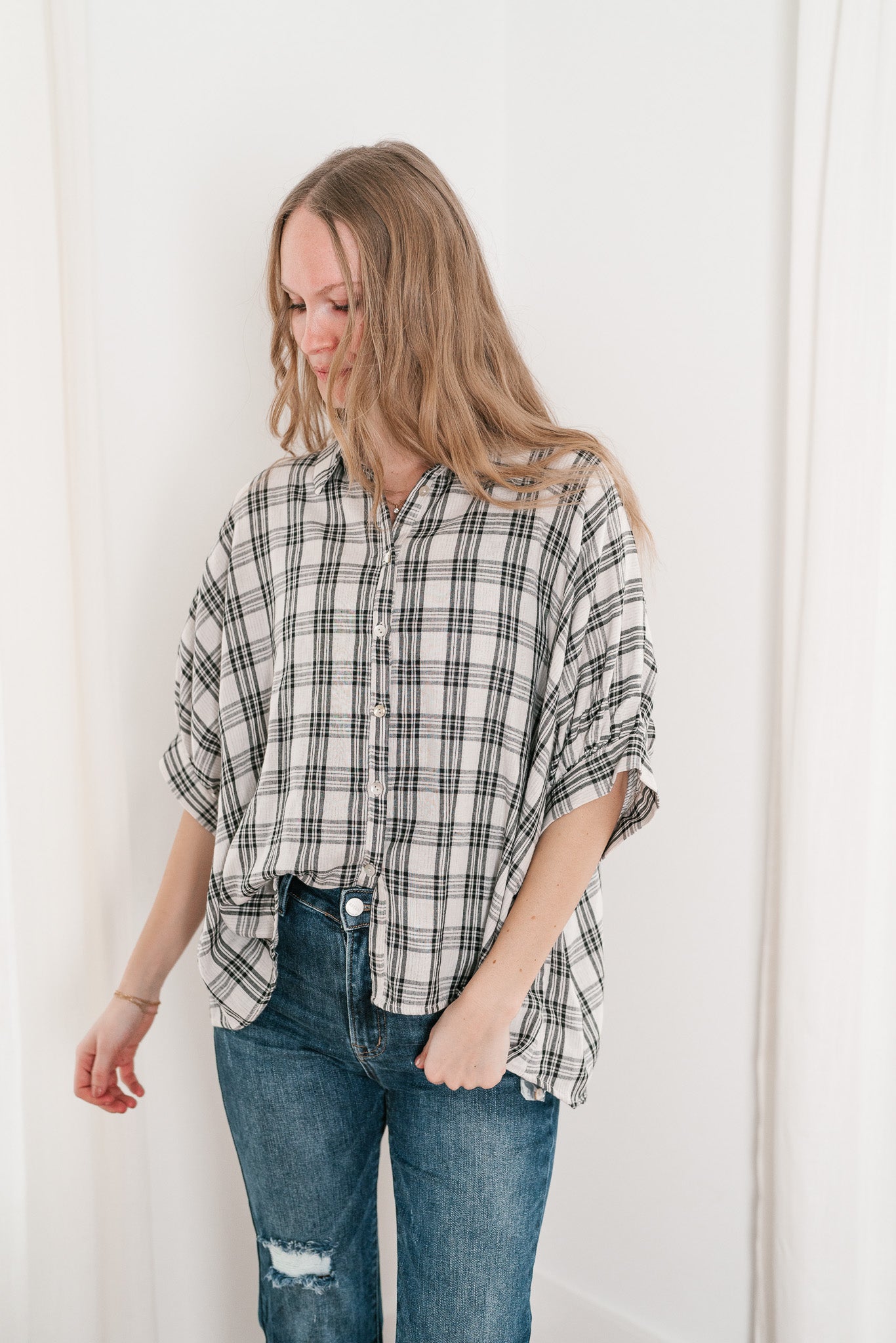 All Day Style Plaid Dolman Sleeve Top