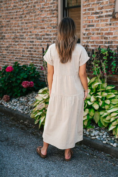 True To You Corduroy Button Up Tiered Midi Dress