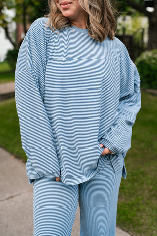 Skyler Oversized Striped Long Sleeve Top - Dusty Blue