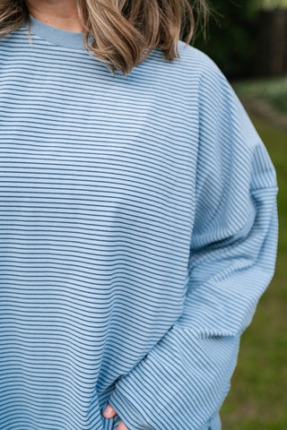 Skyler Oversized Striped Long Sleeve Top - Dusty Blue