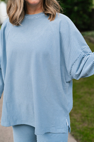 Skyler Oversized Striped Long Sleeve Top - Dusty Blue