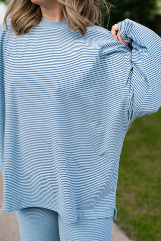 Skyler Oversized Striped Long Sleeve Top - Dusty Blue