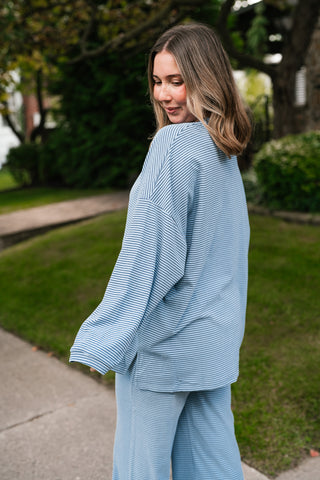 Skyler Oversized Striped Long Sleeve Top - Dusty Blue