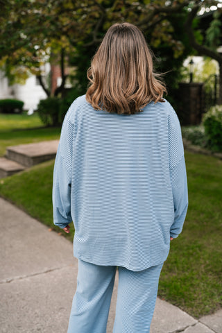 Skyler Oversized Striped Long Sleeve Top - Dusty Blue