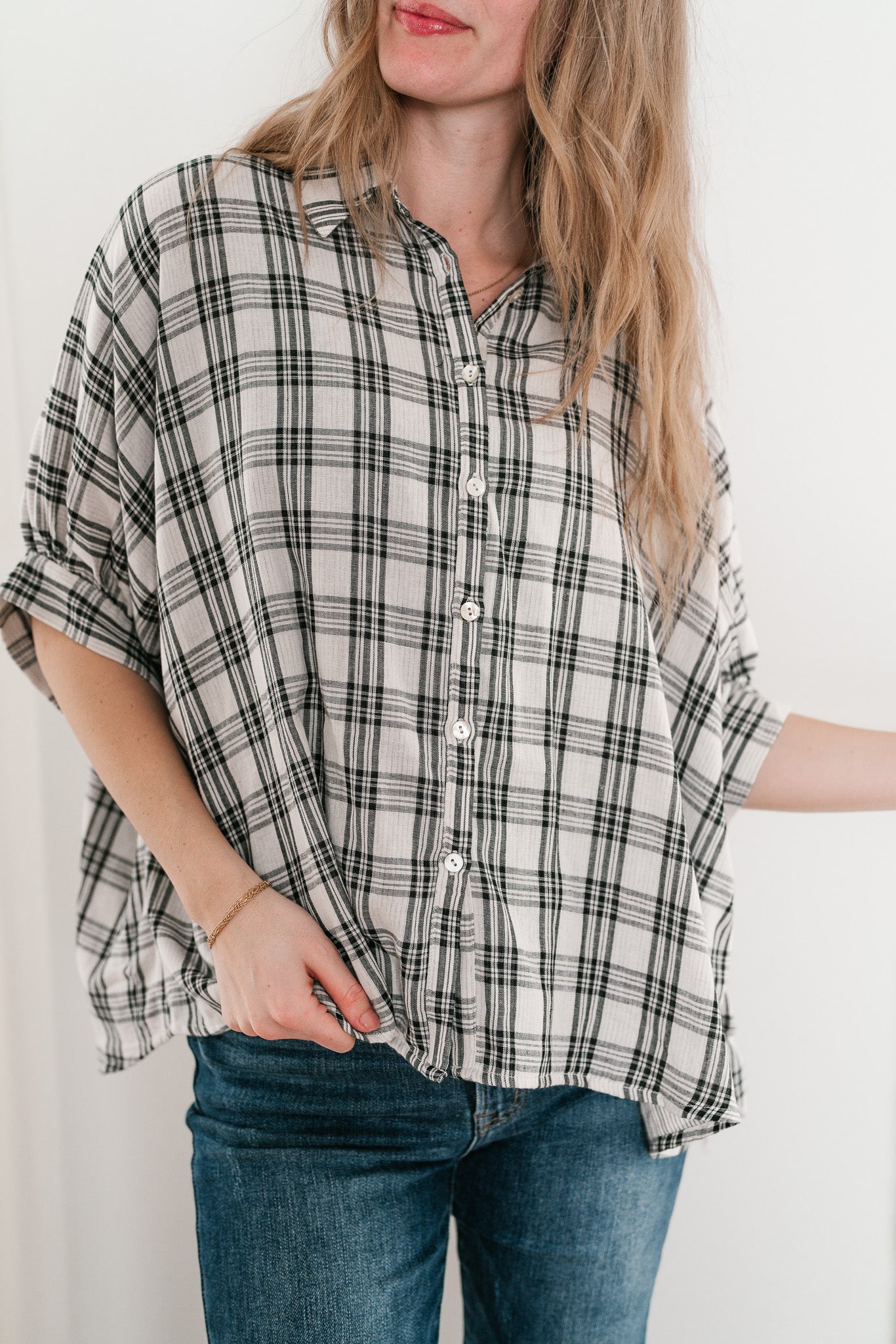 All Day Style Plaid Dolman Sleeve Top