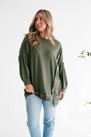Northern Ribbed Oversized Long Sleeve Top - Olive