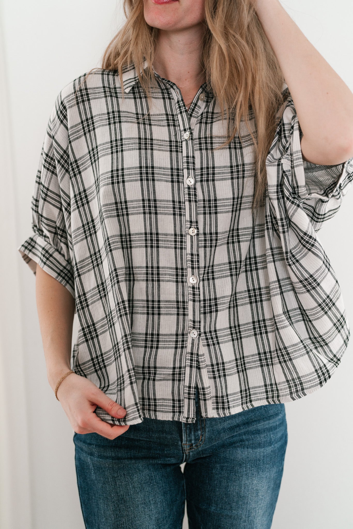 All Day Style Plaid Dolman Sleeve Top