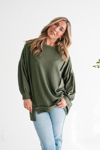 Northern Ribbed Oversized Long Sleeve Top - Olive