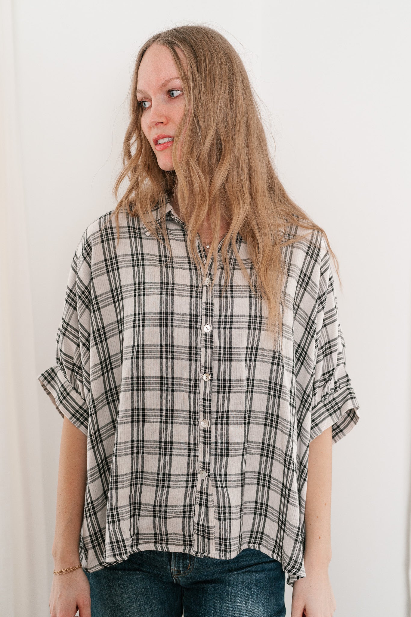 All Day Style Plaid Dolman Sleeve Top