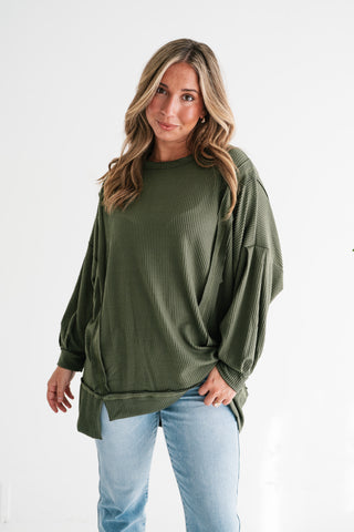Northern Ribbed Oversized Long Sleeve Top - Olive