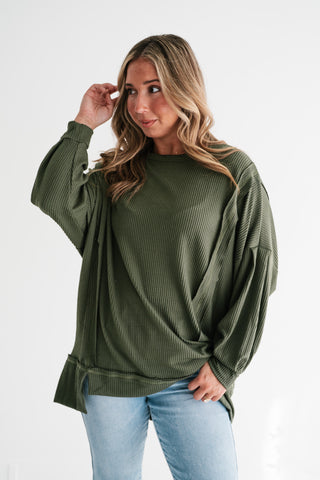 Northern Ribbed Oversized Long Sleeve Top - Olive