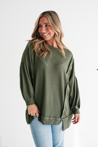 Northern Ribbed Oversized Long Sleeve Top - Olive