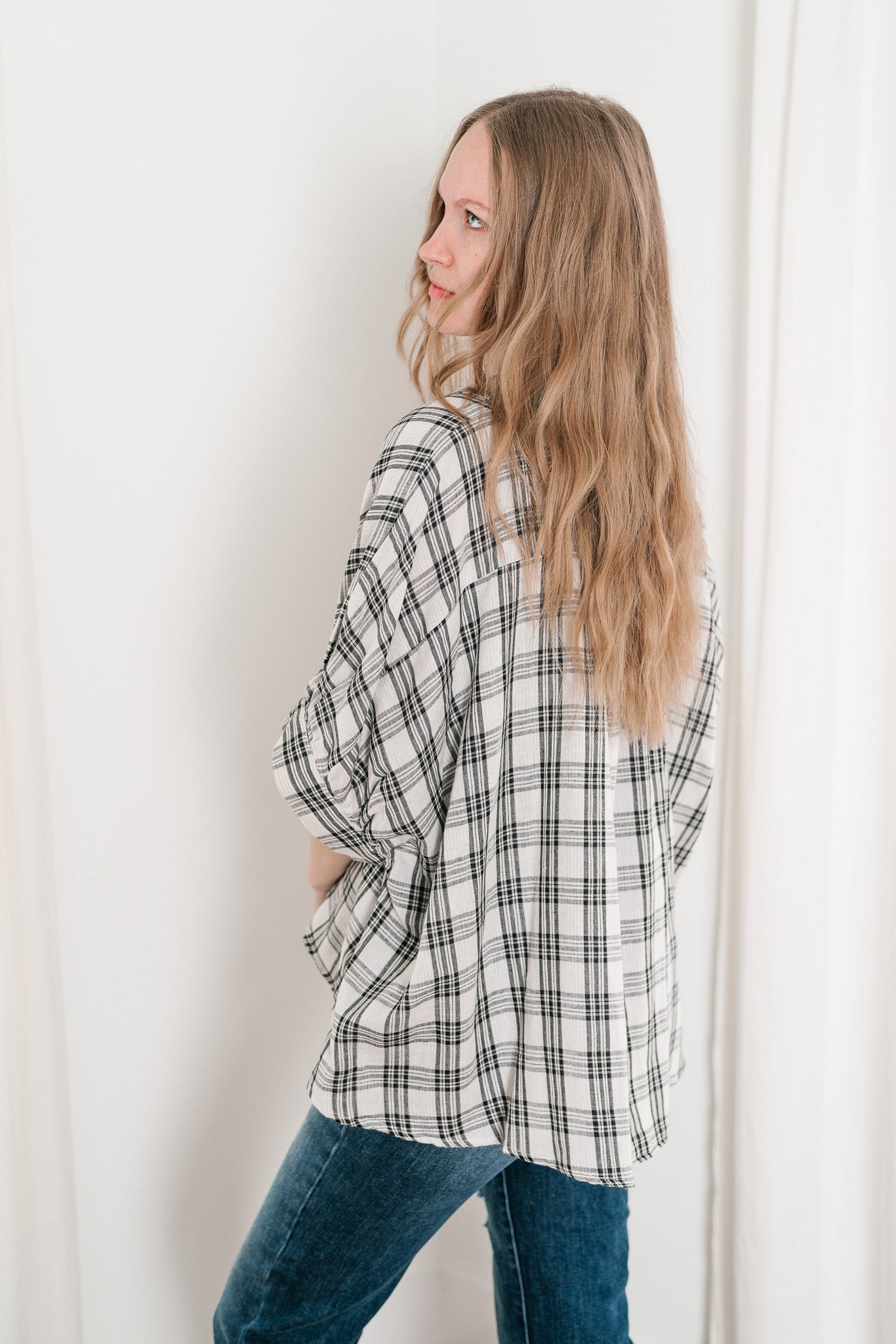 All Day Style Plaid Dolman Sleeve Top