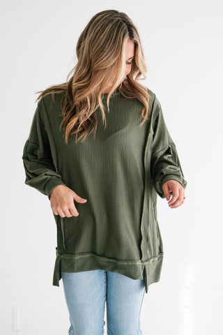 Northern Ribbed Oversized Long Sleeve Top - Olive