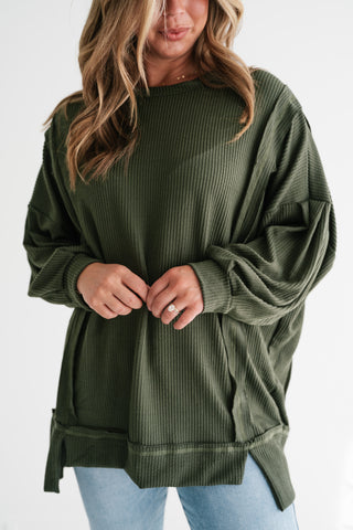 Northern Ribbed Oversized Long Sleeve Top - Olive