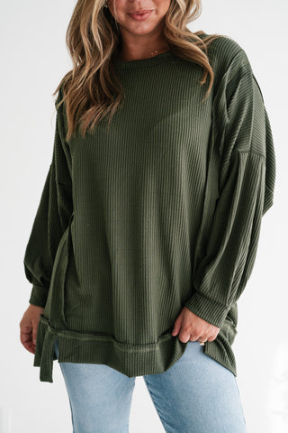 Northern Ribbed Oversized Long Sleeve Top - Olive