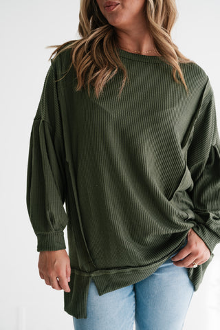 Northern Ribbed Oversized Long Sleeve Top - Olive