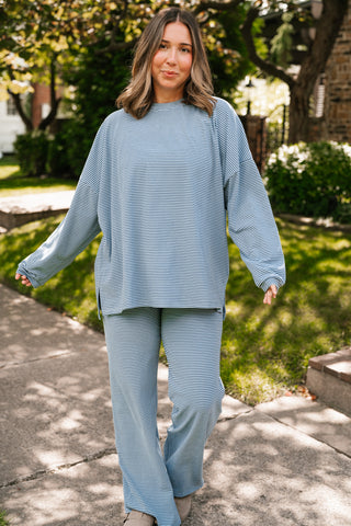 Skyler Oversized Striped Long Sleeve Top - Dusty Blue