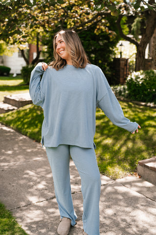 Skyler Oversized Striped Long Sleeve Top - Dusty Blue