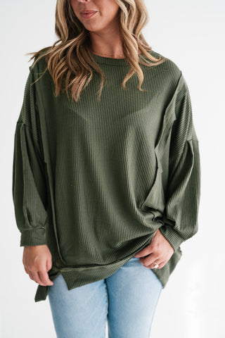 Northern Ribbed Oversized Long Sleeve Top - Olive