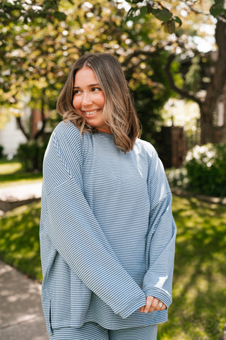 Skyler Oversized Striped Long Sleeve Top - Dusty Blue