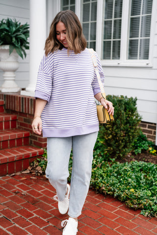 Sweet Ease Oversized Stripe Short Sleeve Top - Lavender