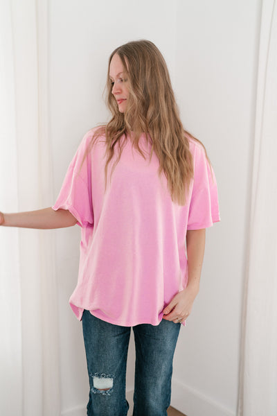 Lounge Around Mineral Wash Oversized Tee - Bubble Gum