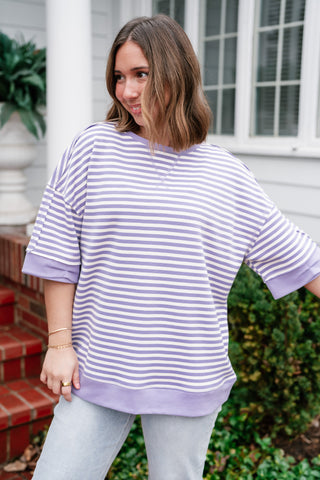 Sweet Ease Oversized Stripe Short Sleeve Top - Lavender