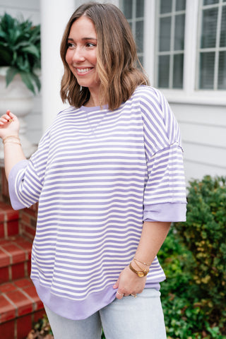 Sweet Ease Oversized Stripe Short Sleeve Top - Lavender