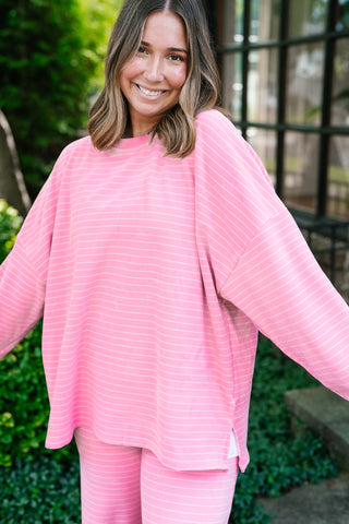 After Hours Oversized Long Sleeve Striped Top - Pink
