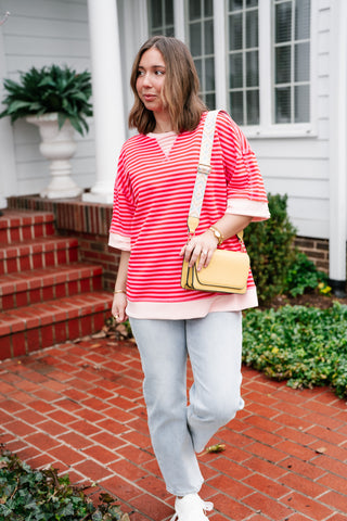 Sweet Ease Oversized Stripe Short Sleeve Top - Pink