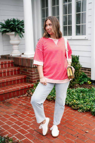 Sweet Ease Oversized Stripe Short Sleeve Top - Pink