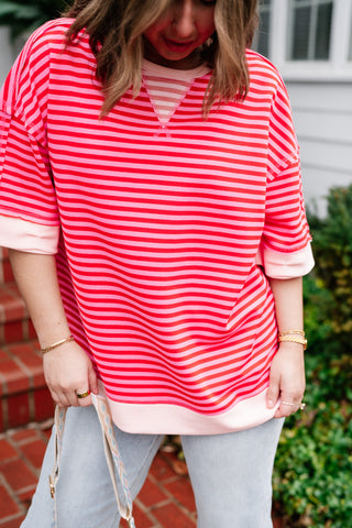 Sweet Ease Oversized Stripe Short Sleeve Top - Pink