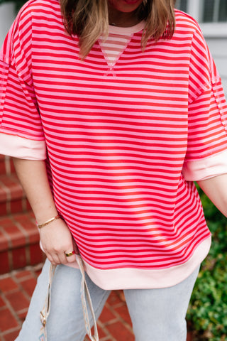 Sweet Ease Oversized Stripe Short Sleeve Top - Pink