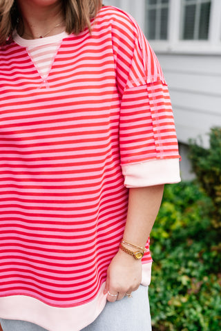 Sweet Ease Oversized Stripe Short Sleeve Top - Pink