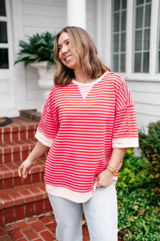 Sweet Ease Oversized Stripe Short Sleeve Top - Pink