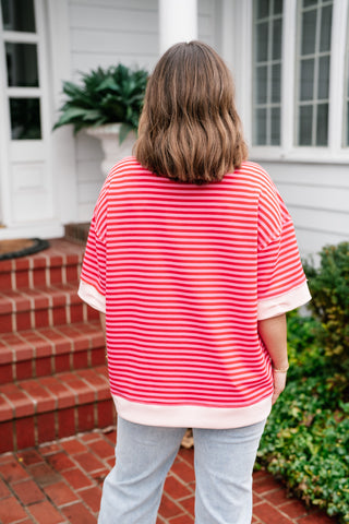Sweet Ease Oversized Stripe Short Sleeve Top - Pink