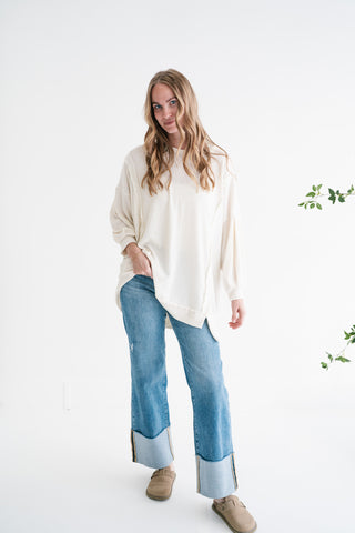 Northern Ribbed Oversized Long Sleeve Top - Off White