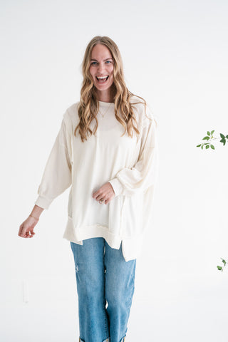 Northern Ribbed Oversized Long Sleeve Top - Off White