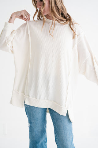 Northern Ribbed Oversized Long Sleeve Top - Off White