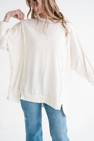 Northern Ribbed Oversized Long Sleeve Top - Off White